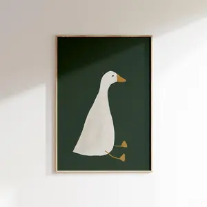 (No Frame) Silly Goose Wall Art, Cute Goose Poster, Dark Green Boy Nursery Decor, Farm Animal Printable, Kid's Room Illustration, Goose Children's Room