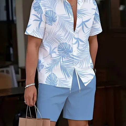 Men's Hawaiian Tropical Style Short Sleeve Shirt & Shorts Matching Set, Beach Vacation Casual Vibe, Palm Leaf Print, Regular-Fit, Contemporary Co-ord Set, Two Piece Set