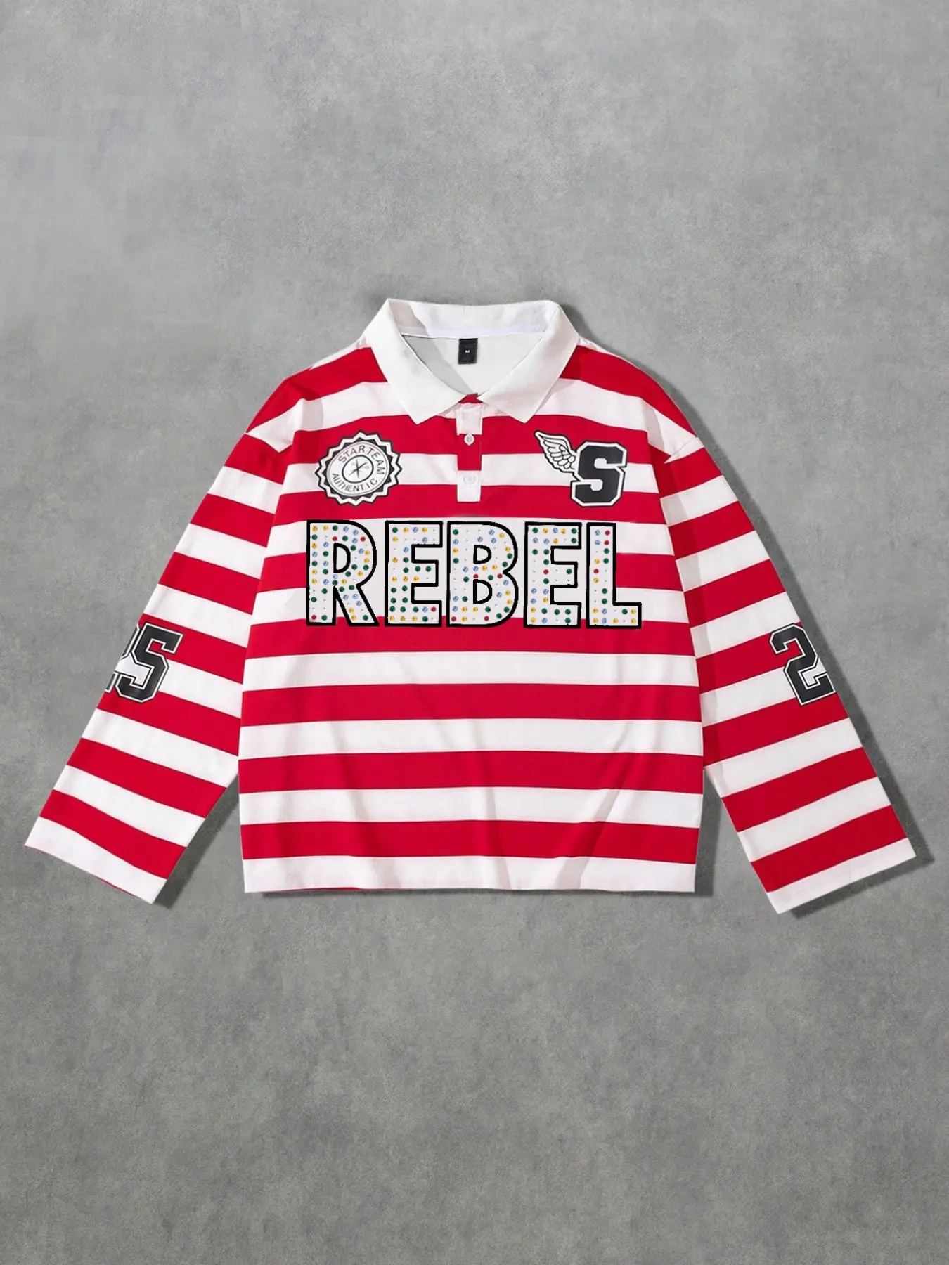REBEL printed red and white striped polo long sleeved men's T-shirt, long T-shirt ins style, Streetwear Casual Loose Fit Menswear, Casual Letter Print, Casual Streetwear Looks