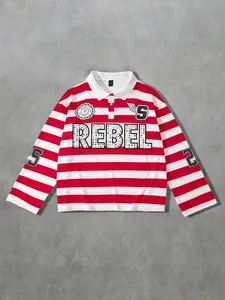 REBEL printed red and white striped polo long sleeved men's T-shirt, striped polo collar long sleeved shirt, European and American street life unisex long T-shirt ins style