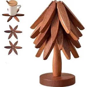 Kitchen Must-Have! 4-Piece Heat-Resistant Mat Set | 3 Table Mats + 1 Base Stand | Natural Mountain Bamboo | Tree-Shaped Design | Kitchen Decorative Placemat | Foldable Wooden Trivet for Hot Dishes, Pots, Bowls & Teapots