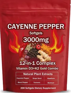 Cayenne Pepper Softgels Supplement, Supports Leg Vein, Heart and Blood Vessel Health, with Vitamin E D3+K2 and Extracts of Grape Seed, Hawthorn, Beetroot and Others (1)undefined