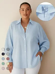 Plus Size Striped Print Button Front Pocket Shirred Blouse, Casual Bishop Sleeve Top for Daily Holiday Wear, Women's Clothes for Spring & Fall, Casual Boho Blouses