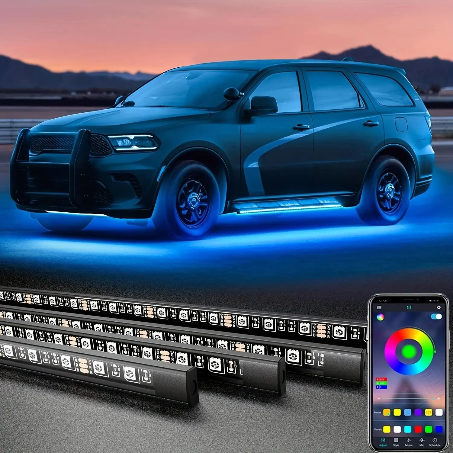 4 Piece RGB Car LED Light Bars, APP-Controlled Music Mode Underglow Lights, Waterproof LED Kit for Suvs and Trucks, Car Strip Lights, Car Decorative Light