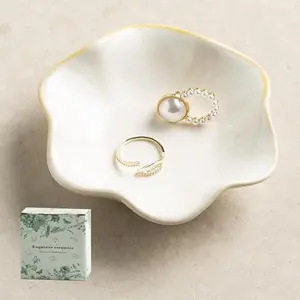Ceramic Trinket Dish for Jewelry, Lotus Leaf Shape Small Ring Dish Tray, Jewelry Dish Organizer for Necklace Earrings, Home Decor Gift for Mom Best Friend Sister (white)