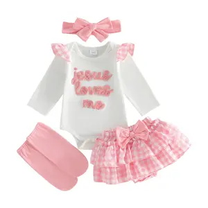 Imcute Baby Girl Easter Outfit Bunny Cross Romper Onesie Ruffle Layered Shorts Headband Socks Cute Easter Clothes