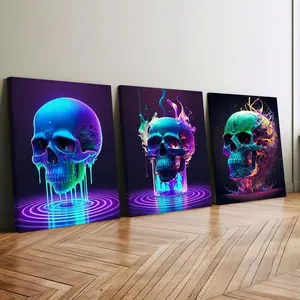 3-count wooden frame canvas, irion-dollar liquid skull dark style decorative poster, cool game room decoration, fashionable poster, suitable for living room and bedroom decoration, modern family poster, exquisite corridor wall art, waterproof printing