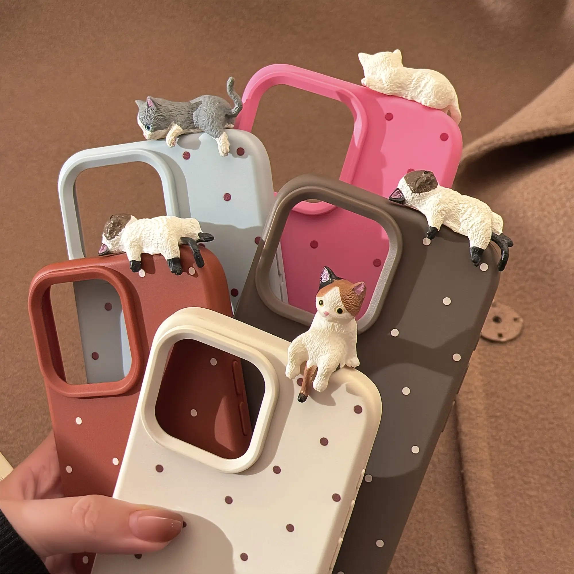 3D Lying Cat TPU Protective Cellphone Casing - Cute Polka Dot Handmade Soft Shockproof Cartoon Cover for iPhone 16/15 Pro Max/14/13, Handheld Tech Accessories with Screen Protector