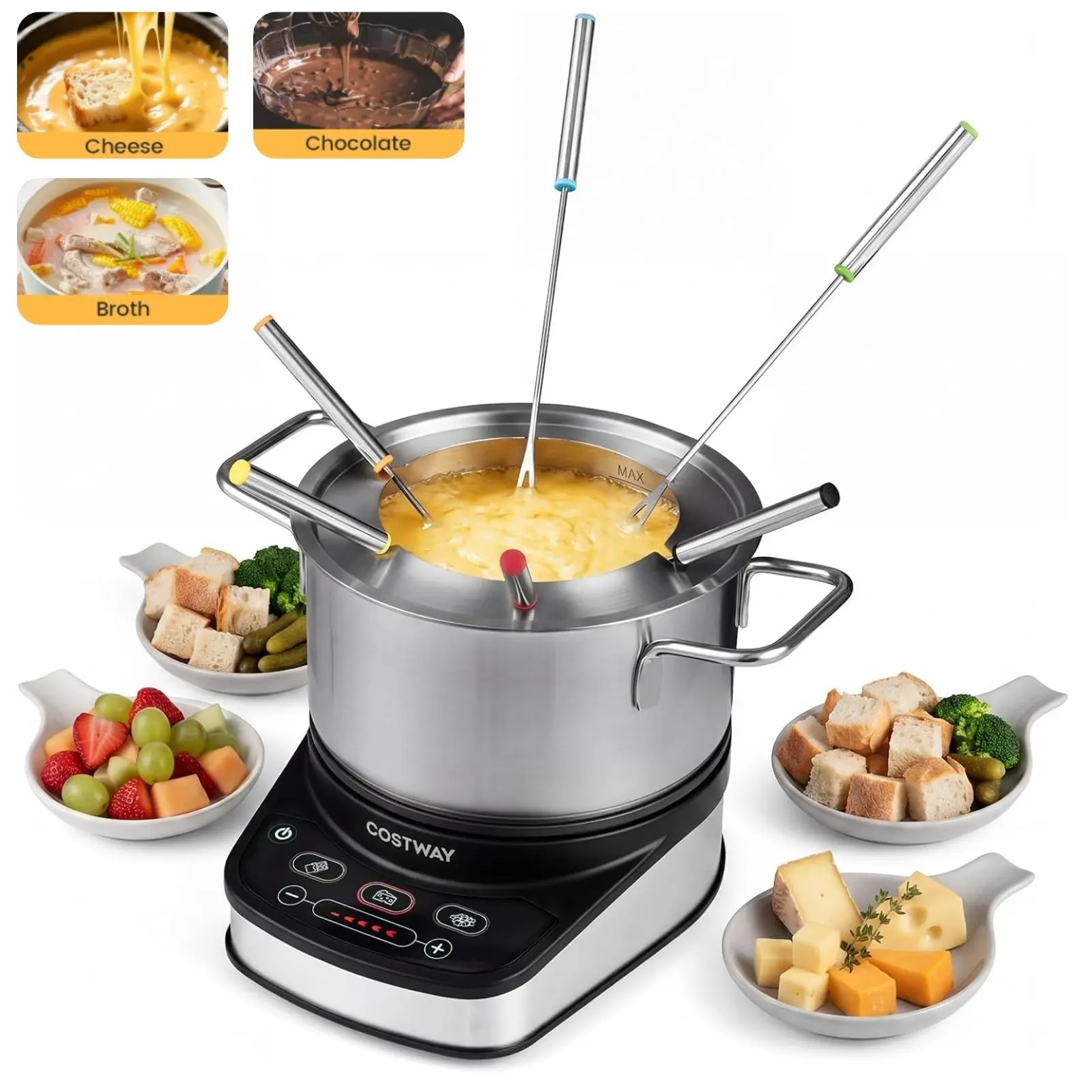 COSTWAY 1200W Fondue Maker with 3.2 QT Removable Stainless Steel Pot | Electric Fondue Pot Set with 6 Color-Coded Forks & Temperature Control for Cheese, Chocolate & Broth, Dishwasher Safe