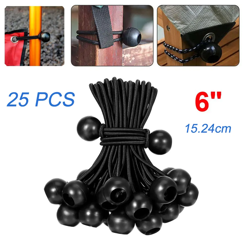SJPACK 25 PCS Black Bungee Cords - Heavy Duty Outdoor Durable Tie Downs, Secure Canopies Tarp Straps, 6"/15.24cm Heavy Duty Guy Ropes