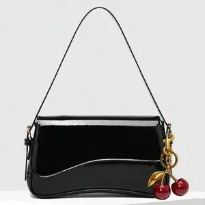 Y2K Women's Shoulder Bag Square Bag PU Leather Versatile Patent Leather Small Bag Baddie Bag, Underarm Shoulderbag, Fashion Crossbody Bag, Comes With Cherry Charm Decor