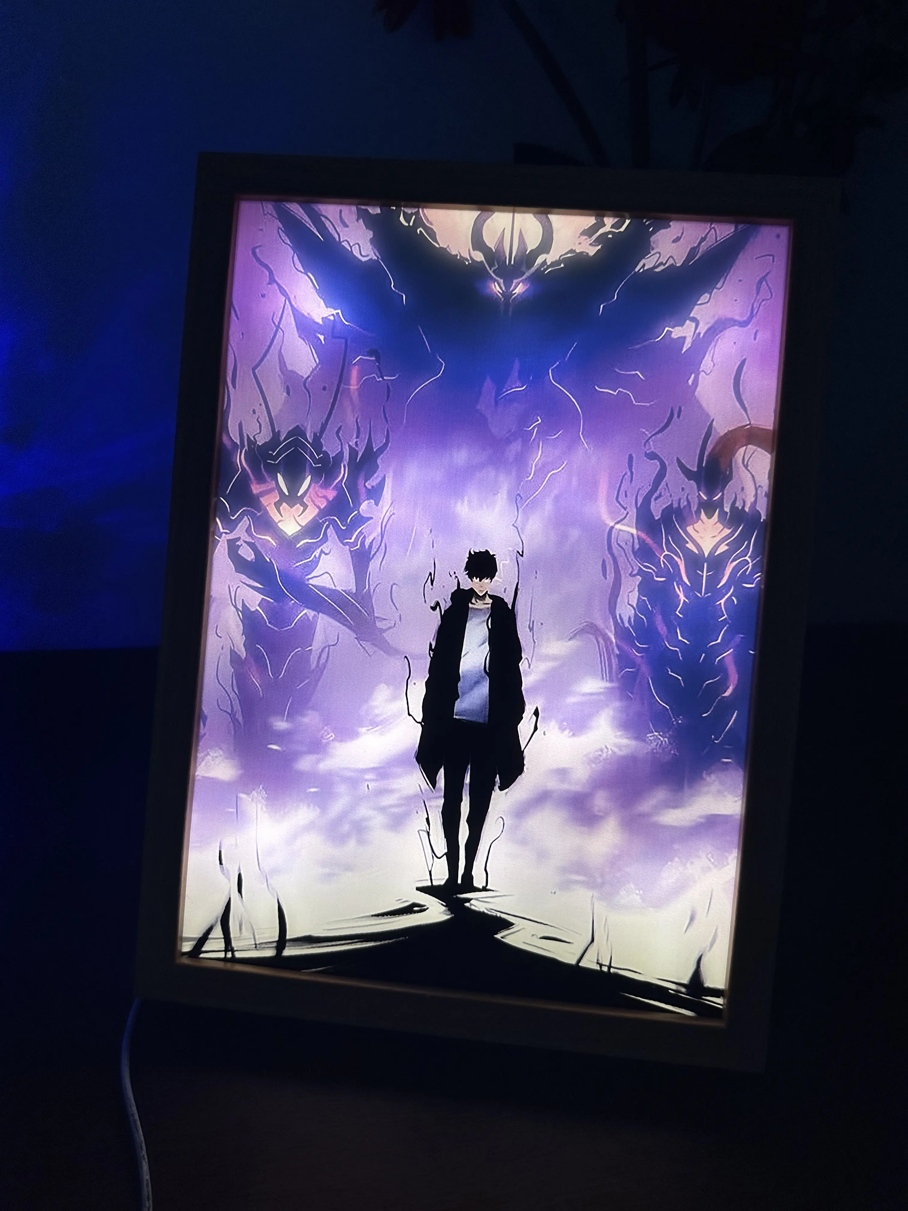 Summerwins Solo Leveling Sung Jin Woo-2 LED Anime Painting Illuminated Night Light, Large 12.6"x9.3" Photo Frame, Decorative Cool Light for Man Cave Room Decor, Decorative Lights, Cool Lights