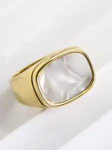 14mm Casted 18k Gold Shell Inlay Ring with Rectangular Stainless Steel Design, Elegant Coastal Jewelry for Stylish Men and Women