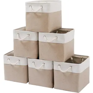 11 x 11inch Cube Storage Box, Set of 6 Large Foldable Fabric Storage Boxes with Straps, Suitable for Home, Office, Wardrobe, Clothing, Toy Storage Box (White and Beige - 11"x11"x11")