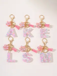 Sequined Letter Keychain Resin Pendant, Personalized Student Backpack Charm, Women's Handbag Decoration, Elegant Floral Tassel Key Chain Gift