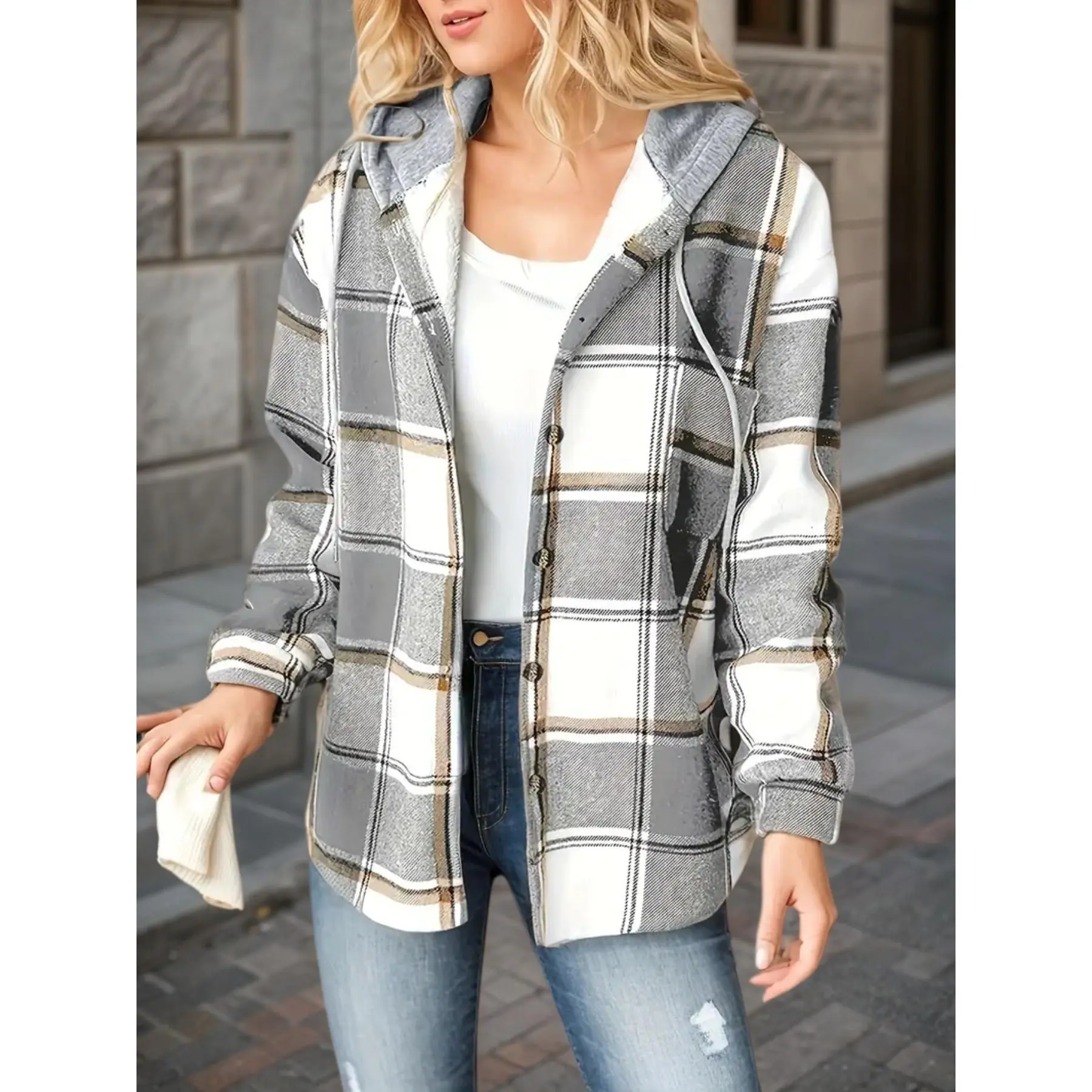 Women's Plaid Style Jacket - Hooded Wool-Lined Flannel Outerwear Tops with Long Sleeves and Drawstring, Comfortable, Longsleeves, Casual Wear, Coats, Collared, Hook And Loop, Medium Length, Classic Plaid, Warm Flannel Outerwear
