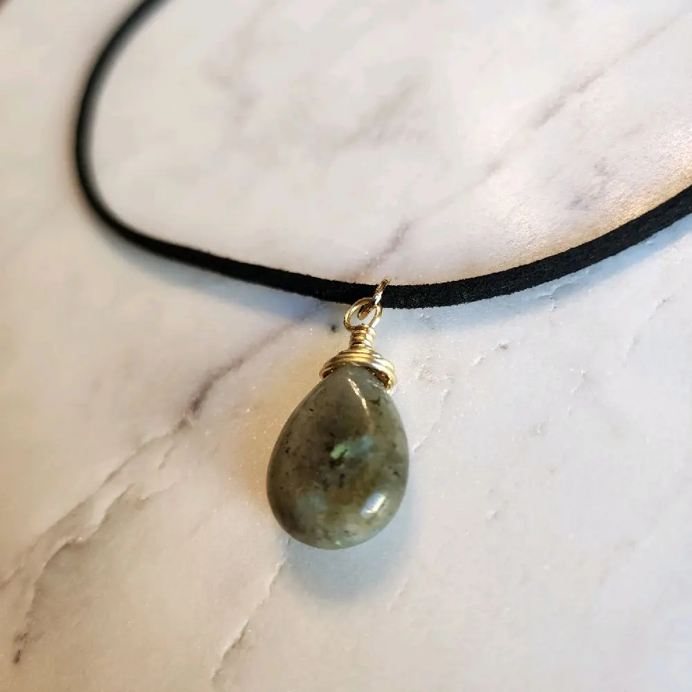 Stormveil Necklace | Labradorite Drop Pendant on Black Suede Cord | Handmade Crystal Jewelry for Protection & Intuition