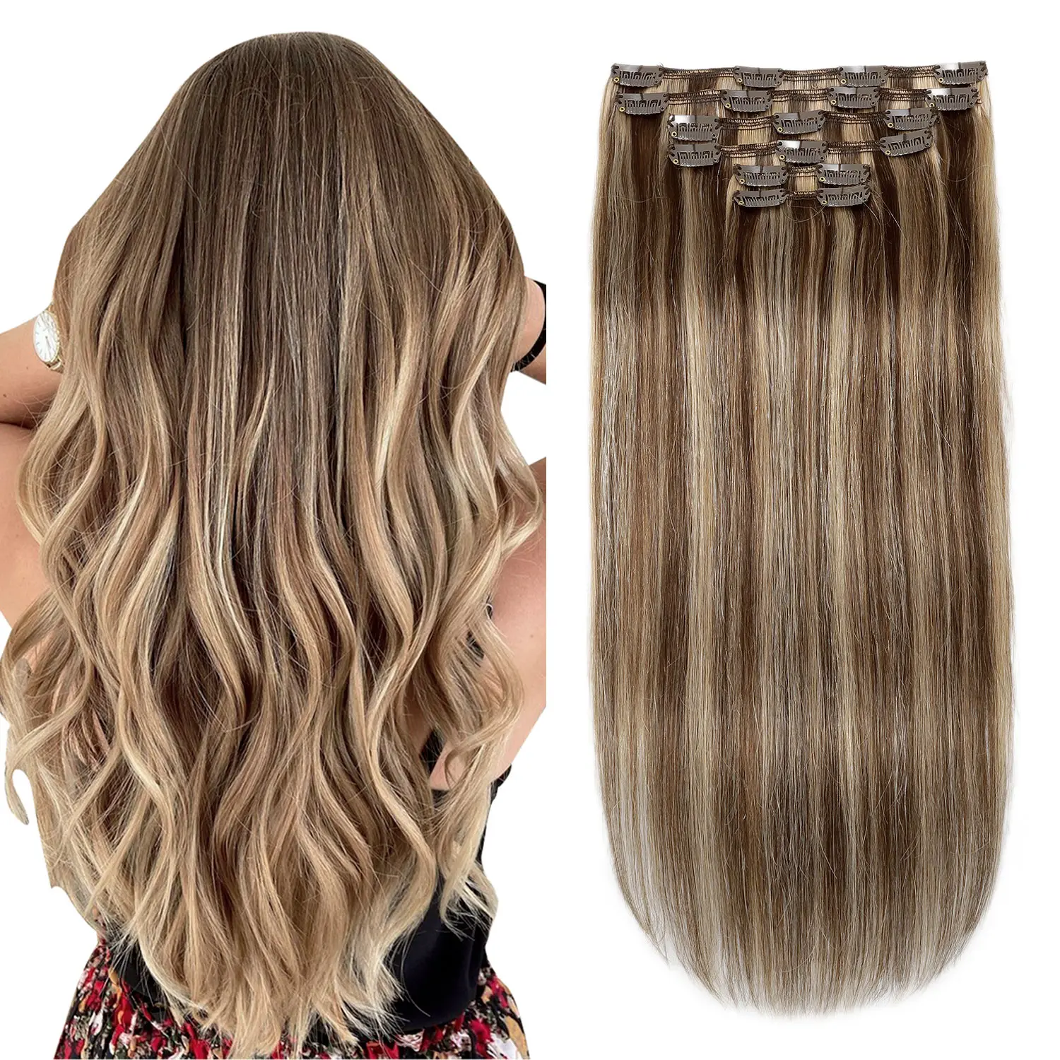 XDhair Clip in Hair Extensions Remy Human Hair 100g-120g 14in to 22in Clip in Human Hair Extensions Natural Straight 6pcs