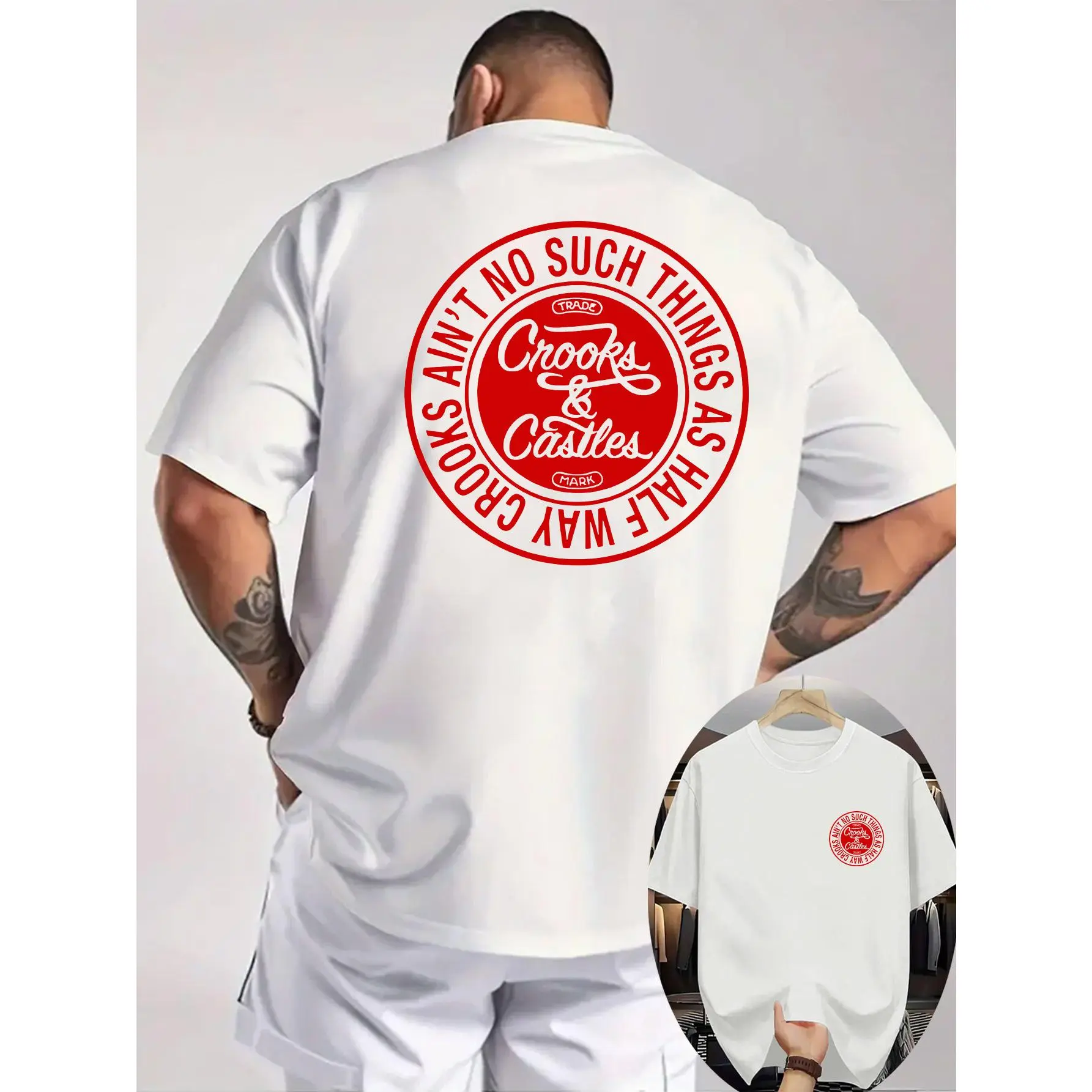 Crooks & Castles Men's White T-Shirt with Red Circular Logo - Stylish Crew Neck Cotton Tee, Features 'AIN'T NO SUCH THINGS AS HALF WAY CROOKS' Text, Perfect for Casual Wear and Everyday Outings - Great Gift for Fashion Enthusiasts and Streetwear Lovers