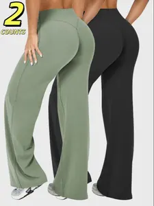 2-Pack Women's Outdoor Running Pants, Plain High-Waist Loose-Fit Sporty Trousers, Comfortable Yoga Fitness Leggings, Versatile Wide-Leg Pants, Loose Fitting Leggings, Fitness Bottoms