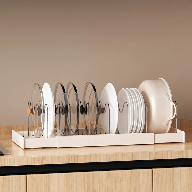 White Expandable Dish Rack, Adjustable Stainless Steel Plate Organizer with Drain Base, Space-Saving Kitchen Cabinet Storage Holder for Plates, Bowls, Cutting Boards & Dinnerware