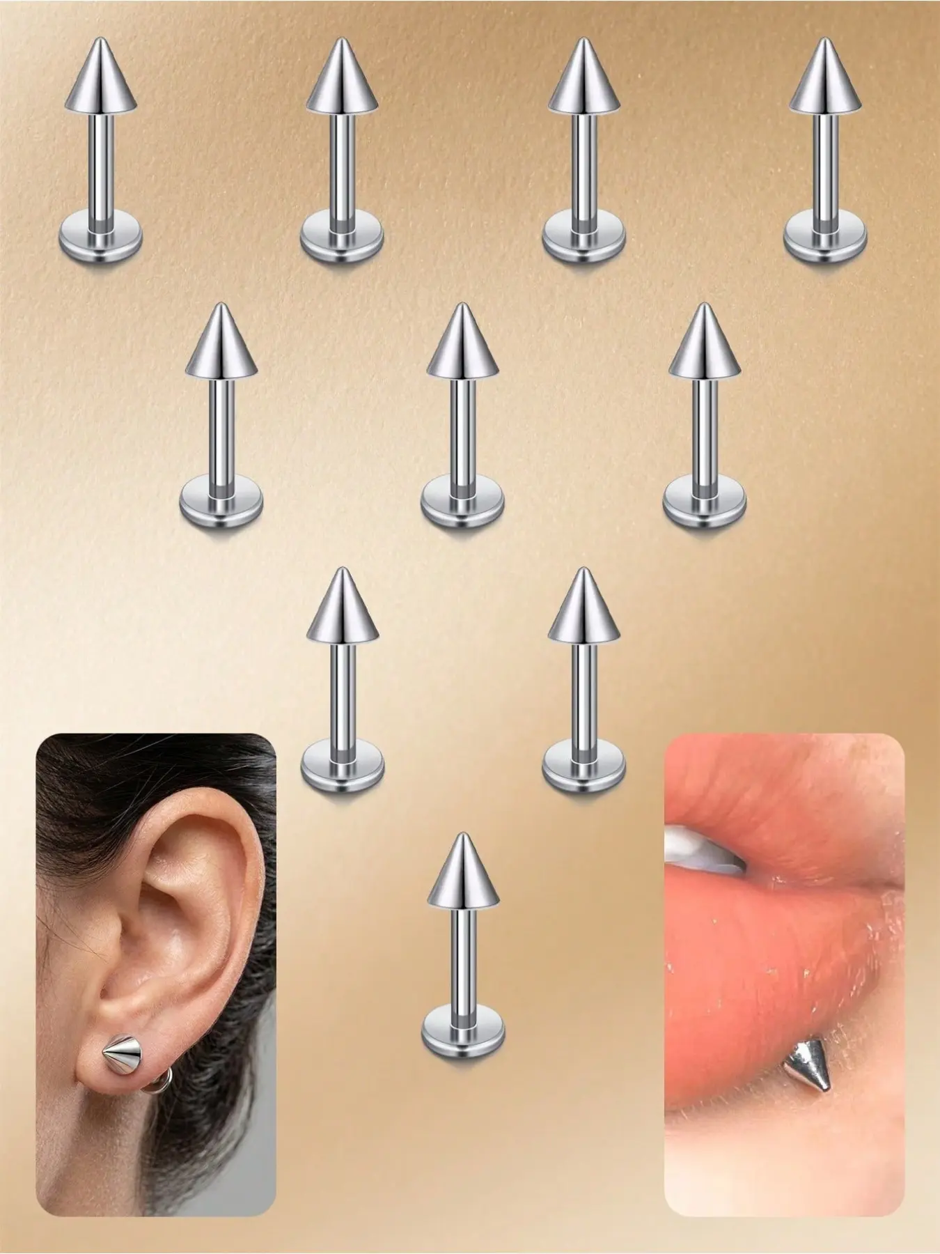 10pcs 16g Labret Stud Lip Rings Titanium Alloy Lip Piercing Jewelry, Body Piercing Jewelry, Helix Earring Tragus Cartilage Studs,Snakebite Monroe Triple Forward Helix Conch Medusa Lobe Spike Pick