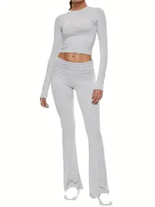 Women's Solid LongSleeve Crop Tee & Flare Leg SkinnyPants Loungewear Set Casual RoundNeck Top & Bell Bottom Leggings,Sleepwear set for Women Casual suit