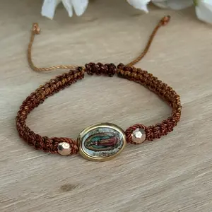 Our Lady Bracelet Handmade Adjustable Brown Rope Design with Circular Iconic Pendant