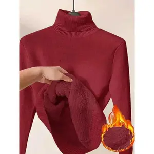 Women's Solid Color Warm Lined Turtleneck Sweater, Winter Women's Clothing, Comfortable Solid Color Long Sleeve Turtleneck