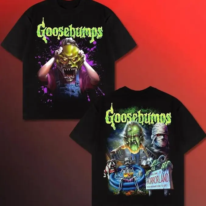 Goosebumps Vintage Graphic Tee, The Haunted Mask Back Print Shirt, RL Stine 90s Spooky Book Cover T-Shirt, Horrorland Monster Fan Gift, Nostalgic Halloween Apparel, Retro Slime Green Aesthetic Streetwear