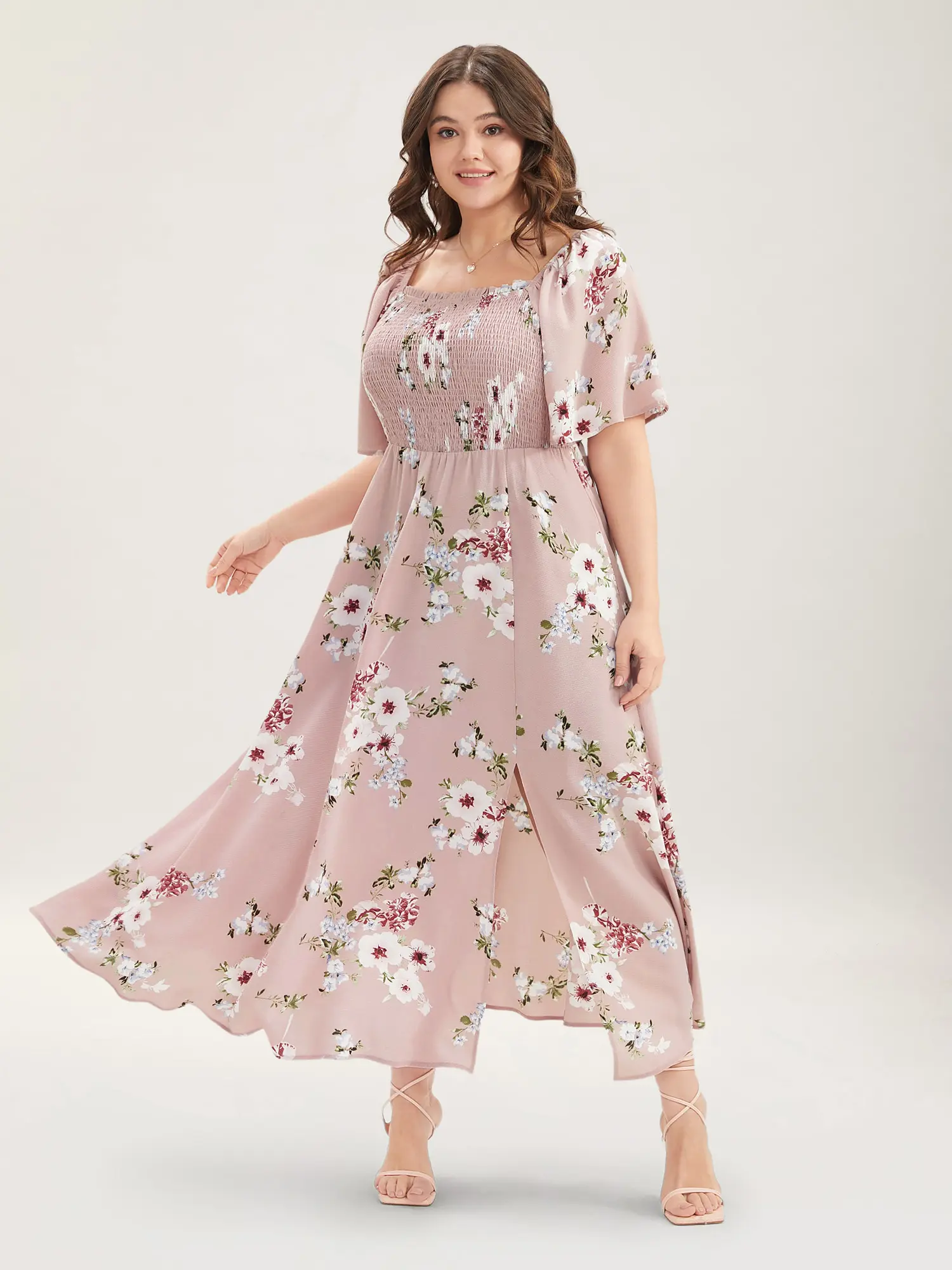 BloomChic Women's Romantic Floral Square Neck Ruffle Short-Sleeve Mid-Length Dress - Smooth Fabric, Low Iron, Casual Everyday Garment with Pockets, Dress Casual, Short Sleeves, Lady, Ditsy Floral, Everyday Wear, Floral Print
