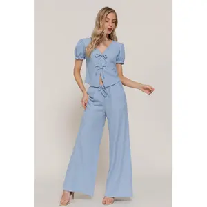 Women's V-Neck Short Sleeve Textured Knit Tie Top and Pants Set