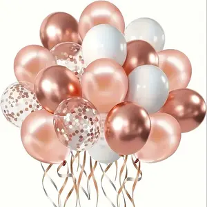Rose gold colored paper balloons, 50 12 inch metallic rose gold and white latex balloons, paired with plain ribbons, suitable for bridal gatherings, sweet birthday parties, birthday celebrations, and wedding anniversary decorations