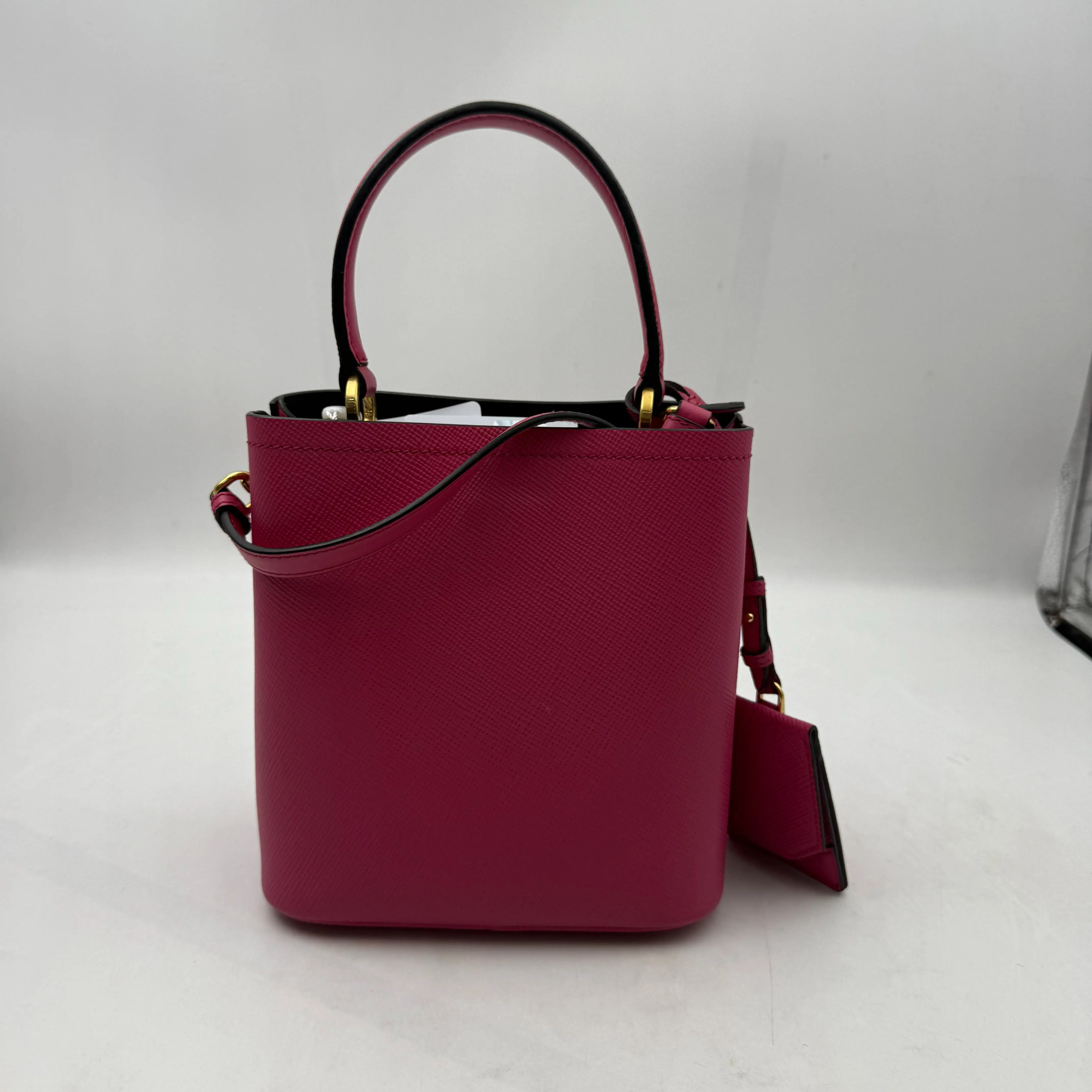 Pre-owned PRADA Saffiano Leather Fuchsia Mini Bucket Handbag Triangle Logo