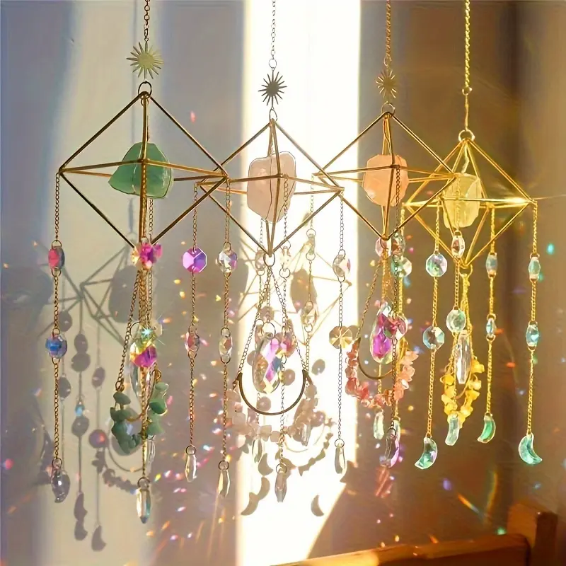 Copper Moon Stone Sun Catcher Window Hanging, Wall Hanging Ornament, Moving Gift, Rainbow Maker, Crystal Indoor Garden Decor, Bohemian Decoration, Natural Stones