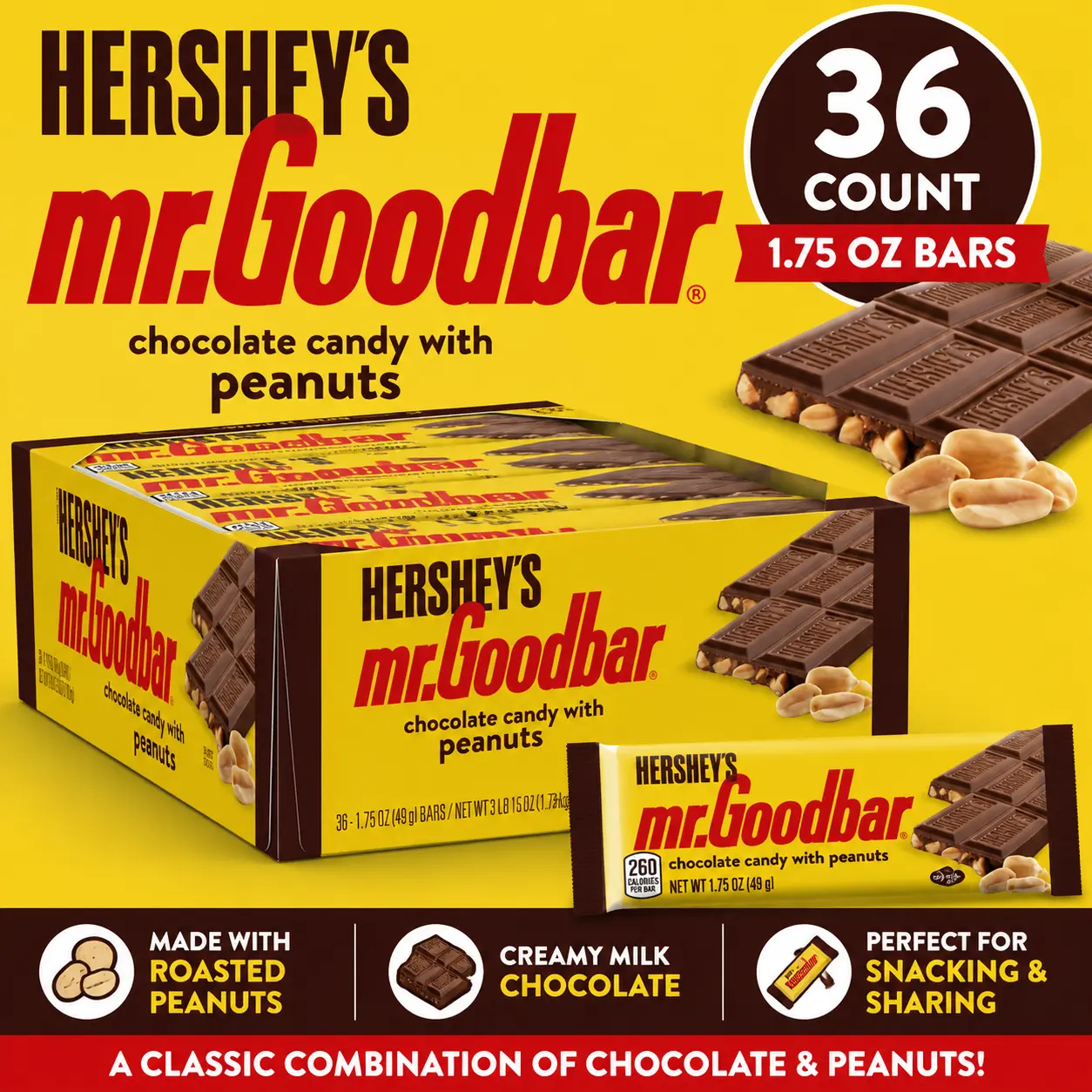 HERSHEY'S Mr. Goodbar Chocolate Bar with Peanuts 1.75 oz 36 Count  Classic Milk Chocolate Peanut Candy Bars | Individually Wrapped Treats