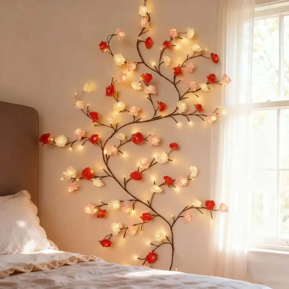 Rose LED Tree Branch Lights for Wall Rose Blossom Willow Vine Branch Room Decor Gift Flexible DIY Design with 96 LED Lights and Remote 8 Lighting Modes for Bedroom and Wall Decor
