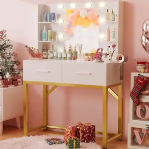 Furmax Modern Gold Metal Makeup Vanity Table Set - Engineered Wood Desk with Power Outlets, Hair Dryer Holder, LED Lights and Makeup Storage
