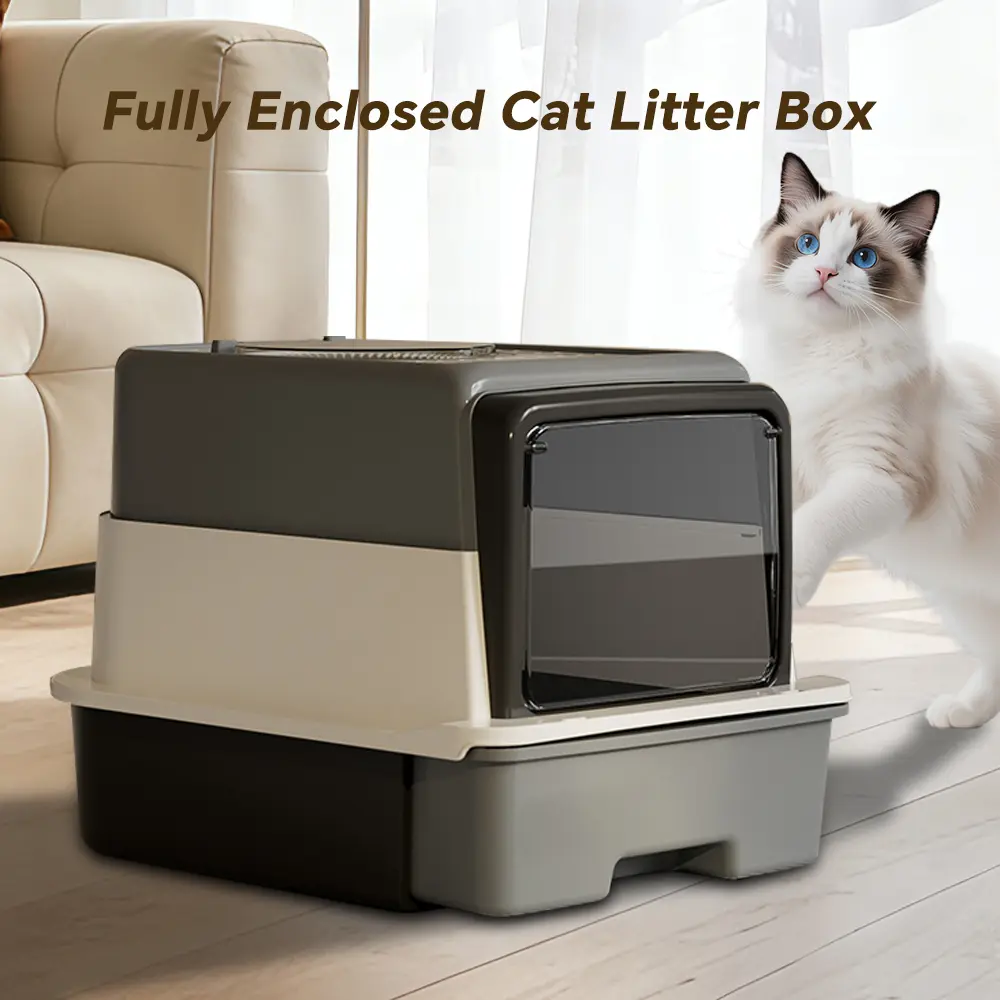 Extra Large Drawer-Style Mess-Free Cat Litter Box - 52x35x35cm Enclosed Kitty Litter Station, Top Exit, Anti-Tracking Sieve Lid, Easy-Slide Tray (Charcoal Grey), Mess-Free Litter Boxes