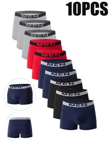 Men's Briefs Set of 10, Solid Color Letter Waistband, Casual Fitted Athletic Sport Underwear, Men's Four-Corner Panties, All Seasons, Underwear Boxers