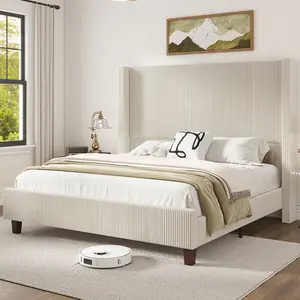 AMERLIFE 61" Corduroy Upholstered Bed Frame, Platform Bed with Vertical Stripe Wingback Headboard, No Box Spring Needed/Unique Bedroom Furniture