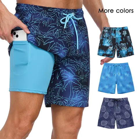 2 in 1 Men's 7 Inch Swim Shorts with Compression Liner, Quick Dry Beach Swimming Trunks Swimwear with Drawstring & Pockets for Holiday Use Summer Swim Bottoms Swimsuit Shorts