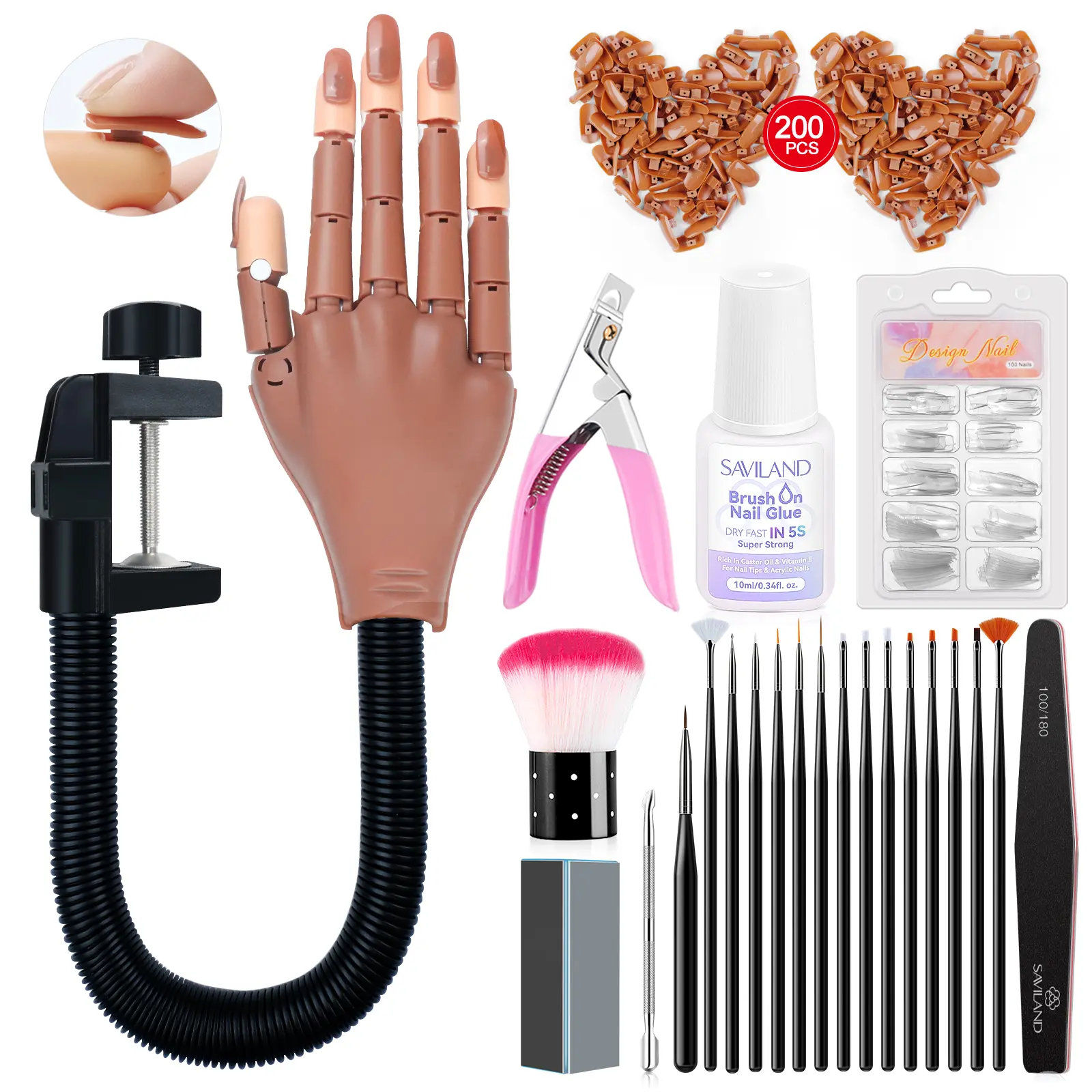 SAVILAND Practice Hand for Acrylic Nails: Flexible Movable Mannequin Hand 200PCS Nail Tips Nail Glue Brush Clipper for Beginner to Practice Nail Art
