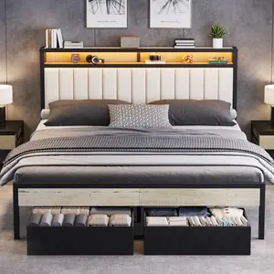 Amerlife Velvet Upholstered Queen Bed Frame - LED-Accented, Wood-Finished Metal Platform with 2 Storage Drawers, Storage Headboard, Heavy-Duty Slats, No Box Spring Needed, Easy Assembly, Upholstered Bed Frames
