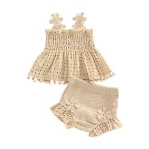 Newborn Baby Girl 2-Piece Summer Outfit Set - Soft Cotton Sleeveless Floral Top with Pleated Details, Stretchy Ribbed Shorts, Boho Casual Daily Wear Baby Clothing Gift Set