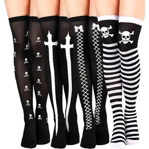 Halloween Thigh High Long Stockings, over Knee Cosplay Skull Design, 4 Pairs Women's Costume Accessories for Party & Dress-Up