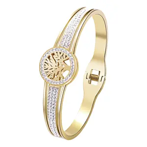 OIDEA Tree of Life Bangle Bracelet for Women, Round Hollow Rhinestone Diamond Pave Stainless Steel Cuff Bangle, Family Jewelry Gift