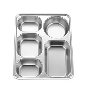 4pcs Stainless Steel Deep Thick Meal Trays, Five Compartment Fast Food Tray, Covered Partition Box, School Cafeteria Restaurant Tray, Multi Compartment Container