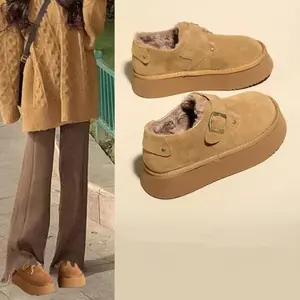 Brown Suede Furry Lined Platform Loafers Slip On Style with Buckle Strap for Cozy Warmth Comfort Walking Shoes for Women Girls Casual Active Wear