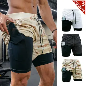 3pcs Men's 2-in-1 Double Layer Shorts With Inner Pocket, High Stretch Sports Shorts For Summer Gym Workout Training SpringStatements Plain